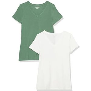 Amazon Essentials Women's T-shirt met korte mouwen en V-hals in klassieke pasvorm, Pack of 2, Saliegroen/Wit, XS