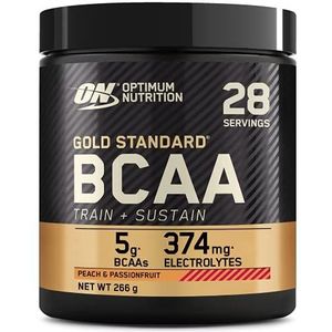 Optimum Nutrition Gold Standard BCAA Train + Sustain, Aminozuren Pre-Workout Poeder, Sportdrank met Vitamine C, Zink, Magnesium en Electrolyten, Perzik- en Passievruchtensmaak, 28 Porties, 266g