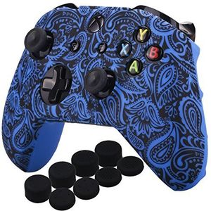 YoRHa 8 x bedrukte rubberen siliconen hoes skin tassen voor Xbox One S/X Controller x 1 (bloemen & blauw) met PRO duimgrepen opzetstukken joystick-caps Thumb Grip x