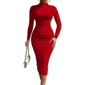 LAGSHIAN Women's Cocktail Bodycon Long Sleeve Mock Neck Mesh Ruched Midi Party Dress Red