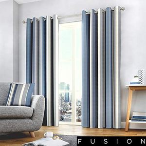 Fusion - Whitworth Streep - 100 procent katoenen paar ooggordijnen in blauw, 229 x 183 cm lang (90 x 72 inch) in blauw