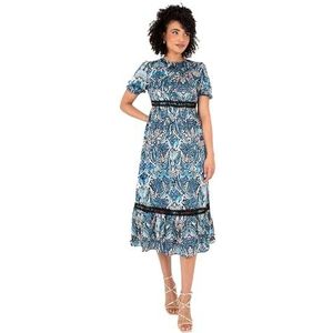 Lovedrobe Dames Dames Midi Jurk Ronde Halslijn Korte Pofmouw Gedierde Hem Ruffle Abstracte Print A-lijn Casual Gelegenheid Blauw 12, blauw, 40