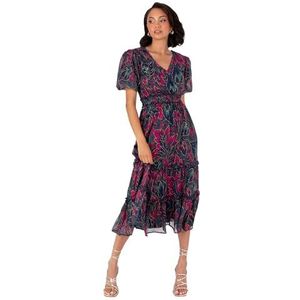 Lovedrobe Dames Midi Jurk V-hals Korte pofmouw Wrap Shirred Taille Bloemenprint Ruches Fit & Flare Bruiloft Gast, Marineblauw 20, Donkerblauw, 46