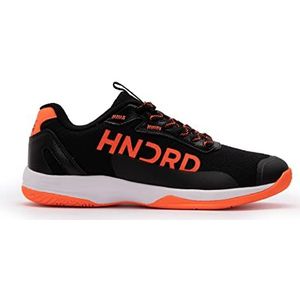 HUNDRED Xoom Pro Non-Marking Professional Badminton Shoes for Men | Material: Faux Leather | Suitable for Indoor Tennis, Squash, Table Tennis, Basketball & Padel (Black/Orange, EU 42, UK 8, US 9)