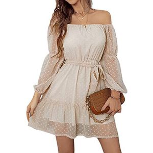 BebreezChic Elegante zomerjurk voor dames, lange mouwen, off-shoulder, effen, Swiss Dot, luchtige zomerjurk, mini-jurk, partyjurk, strandjurk met riem, beige, L