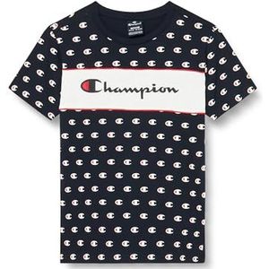 Champion Legacy Icons B Allover Box Logo S/S Crewneck T-shirt, marineblauw allover, 15-16 jaar kinderen en jongens SS24, Marineblauw Allover, 15-16 jaar