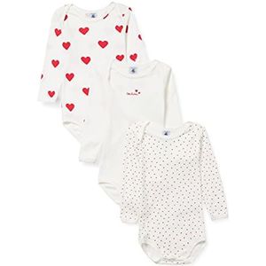 Petit Bateau Babymeisje A00Bb00 body met hartmotief, korte mouwen, katoen, 3 stuks, wit, rood en wit, 3 Maanden