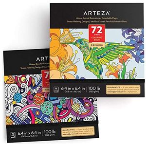 Arteza Kleurboeken voor volwassenen, Twee kleurboeken van 16,3 x 16,3 cm met fantasie- en dieren-kleurplaten, Creatief kleuren voor volwassenen op 144 uitneembare pagina’s van 150-grams papier