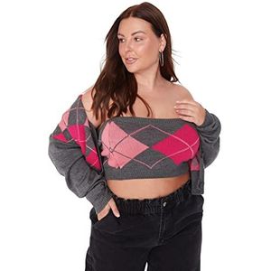 Trendyol Dames vierkante kraag geruite ontspannen plus size vest trui, antraciet, 2XL (pak van 2), Antraciet, XXL