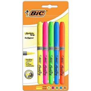 BIC Highlighter Grip Highlighter Pen Verstelbaar Beitelpunt - Verschillende Kleuren, Pak van 5 Stuks