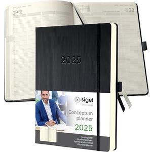 SIGEL C2504 Planningsboek XXL, agenda 2025, A4+, 1 dag = 1 pagina, voor 4 personen, zwart, hardcover, 480 pagina's, elastiek, penlus, archieftas, PEFC-gecertificeerd, Conceptum