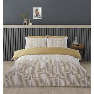 Rapport home Kingsize dekbedovertrekset premium polykatoen bogen geometrisch ontwerp oker en wit minimalistisch 3-delig strijkvrij luxe beddengoed set met kliksluiting