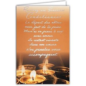 69-3063 Oprechte condoleancekaart met witte envelop, grote zilveren tekst, zilveren woorden, terracotta kaarsen, gesloten formaat, 11,5 x 17 cm, gemaakt in Frankrijk
