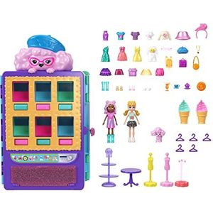 Polly Pocket Speelset en 2 Poppen (7,5 cm), Candy Style Fashion Drop Automaat, 2 verdiepingen, meer dan 35 meubeltjes, outfits en accessoires, HKW12