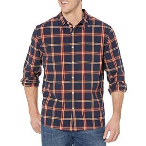 Amazon Essentials Regular-Fit Stretch Poplin overhemd met lange mouwen voor heren, marineblauw rood geruit, L