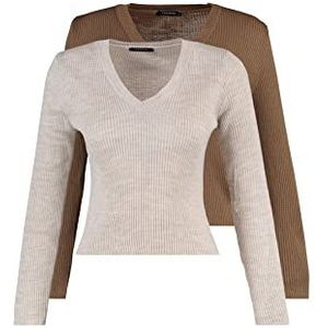 Trendyol Dames Brown-Stone V-Neck 2 Package Crop Knitwear Sweatshirt Sweater, M