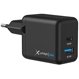 XLayer Power Delivery Dual USB C-oplader, 38 W, zwart, snel opladen, iPad iPhone 15 14 13 Mini 13 Pro Max 12 11 SE XS Android apparaten tabs power adapter laadstekker voeding oplader kabel