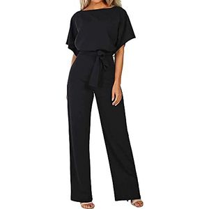Coloody Jumpsuit voor dames, korte mouwen, eendelig pak, elegant, losvallend, casual met ceintuur, zwart., L