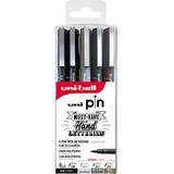 Uni Pin Uni-Ball - Uni Mitsubishi Pencil - 5 viltstiften om te schrijven en te tekenen - tas met 4 penseelpunten (zwart, lichtgrijs, donkergrijs, sepia) + 1 punt 0,8 mm (zwart)