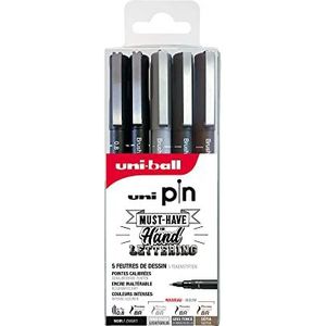 uni-ball Uni Pin Uni Mitsubishi Pencil - 5 viltstiften voor schrijven en tekenen speciaal handlettering - zak met 4 penseelpunten (zwart, lichtgrijs, donkergrijs, sepia) + 1 punt 0,8 mm (zwart)