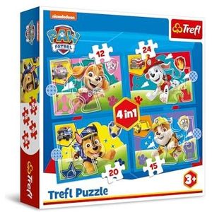 Trefl - PAW Patrol, Rennende honden - Puzzel 4-in-1, tussen 12 en 24 stukjes - Verschillende moeilijkheidsgraden, Kleurrijke puzzels met de helden uit de cartoon, Plezier voor kinderen vanaf 3 jaar