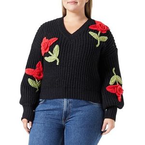 faina Dames driedimensionale gebreide trui met V-hals en bloemenhaken zwart maat XL/XXL pullover sweater, zwart, XL