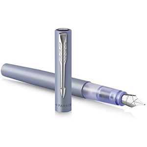 Parker Vector XL vulpen medium penpunt | metallic zilverblauwe lak op messing met chroom detail | medium penpunt met blauwe inkt navulling | cadeauverpakking