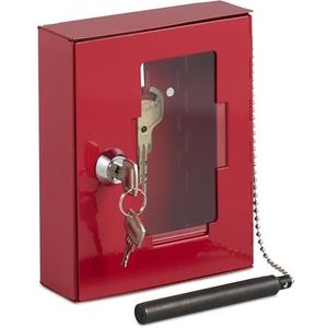 Relaxdays noodsleutelkastje - met hamer - metaal - glazen ruit - 2 sleutels - rood