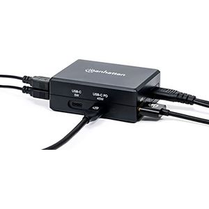 Manhattan 130554 Smart Video Power Delivery-oplaadhub multiport-dock met een HDMI-poort, een USB-C Power Delivery-poort, een USB-C-poort met maximaal 5 V/1 A, twee USB 3.2 Gen 1 type A-poorten, zwart