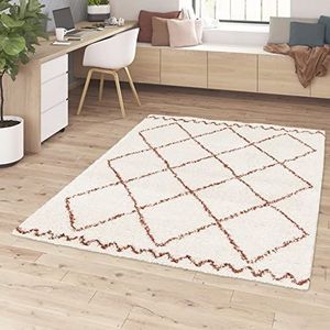 BALTA Berber tapijt, shaggy woonkamer tapijt in geometrische stijl, tapijt 160x230 cm, zacht en comfortabel, onderhoudsvriendelijk, 100% polypropyleen 30 mm dik, 160 x 230 cm, terracotta - wit