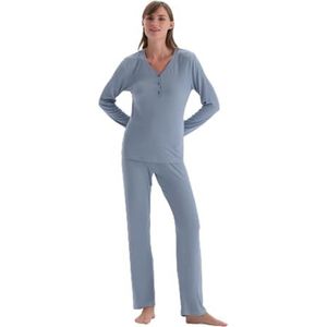 Dagi Damespyjama met lange mouwen, geribbeld viscose gebreid T-shirt en broek, pyjamaset, Blauw, XL