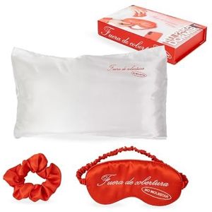 Fisura – Slaapset ""No molestar”: satijnen kussensloop 50x70 cm, fluwelen scrunchie en slaapmasker. Ideaal cadeau voor vrouwen die rust belangrijk vinden.
