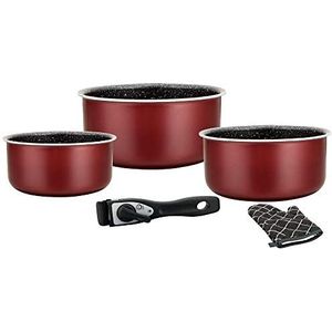 Herzberg Kookgerei - inductiekookpannenset - pannenset voor alle warmtebronnen - 5-delige kookset met marmeren gecoate pannen en afneembare handgreep - Bordeaux HG 8051