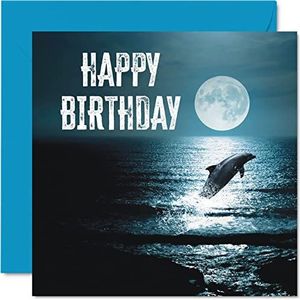Leuke verjaardagskaarten voor mannen vrouwen - dolfijn oceaan maan - gelukkige verjaardagskaart voor mama papa broer zus zoon dochter Nan opa, 145mm x 145mm wenskaarten, 30e 40e 50e verjaardag kaarten