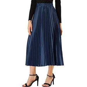 Allegra K Women Pleated Skirt Midi Length Elastic High Waisted A Line Metallic Shirring Party Skirts Medium Dark Blue