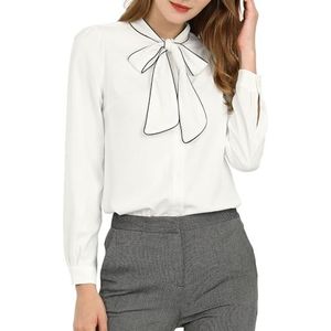 Allegra K Dames Elegante Office Bow Tie Neck Blouse Manchetten Lange Mouw Shirt Tops