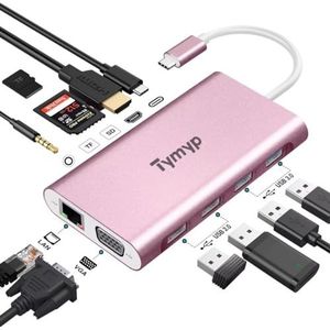 Tymyp USB C Hub, USB C splitter met 4k HDMI, VGA, 100w PD, Ethernet, SD/TF, 3,5 mm audio, 4 USB A, 11-in-1 USB C-adapter voor MacBook Pro/Air, Surface Pro en meer type C-apparaten