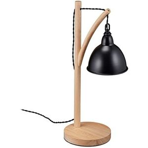Relaxdays tafellamp met hangende lampenkap, hout en metaal, HBD:52x18x26 cm, industrieel design, modern, in het zwart