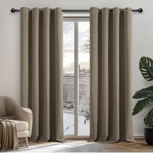 Deconovo Warmte-isolerende verduisteringsgordijnen, gordijnen voor woonkamer en slaapkamer, modern design met oogjes, 132×114 cm (breedte x hoogte), taupe, 2 stuks