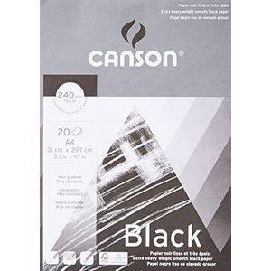 Canson Zwarte tekening 240gsm papier, A4 pad inclusief 20 vellen diep zwart glad papier.