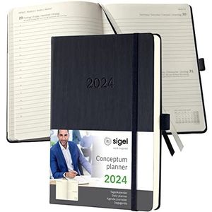 SIGEL C2410 Dagkalender 2024, ca. A5, zwart, hardcover, 400 pagina's, elastiek, penlus, archieftas, PEFC-gecertificeerd, conceptum