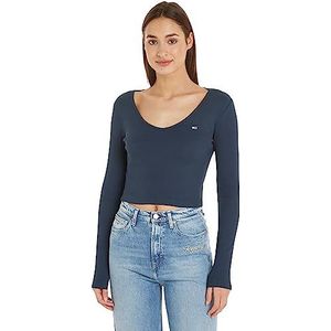 Tommy Jeans Dames Tjw BBY CRP Essential Rib V Ls L/S gebreide tops, Twilight Navy, XL