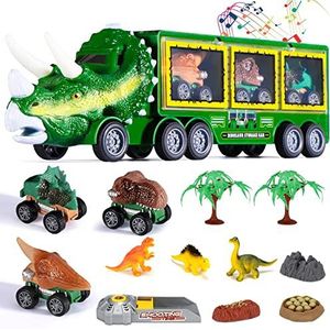 Oderra Dinosaurus - speelgoed voor bestelwagens, tractor met 3 miniauto's, dinosaurus-speelgoed, meisjes en kinderen, speelgoed voor jongens, 3 jaar, met knoopbatterij (groen)