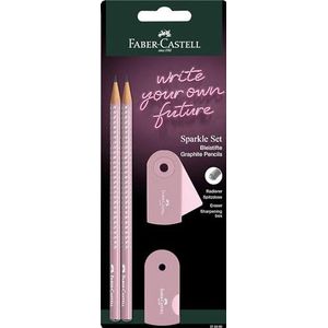 Faber-Castell 218480 - Potloodset Sparkle, twee potloden vulling B, met gum en puntenslijper, roze/dapple grey