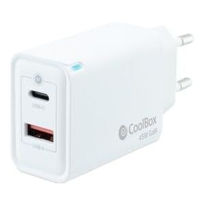 CoolBox Oplader USB C + USB A 45 W met GAN-technologie, QuickCharge 3.0 + PowerDelivery, compatibel met iPhone/iPad/Galaxy/Xiaomi, ultracompact formaat, wit