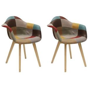 HOME DECO FACTORY HD6432 Set van 2 stoelen, woonkamer, eetkamer, meerkleurig, patchwork, Scandinavisch hout, stof, Hetre PP kunststof PU, 61,5 x 60 x 84 cm