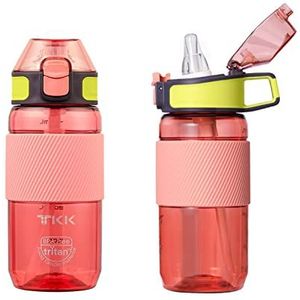 TITIROBA TKK Drinkfles met rietje, 450 ml, lekvrij, BPA-vrij, Tritan, spot, drinkfles voor fiets, camping, yoga, gym, roze 1003