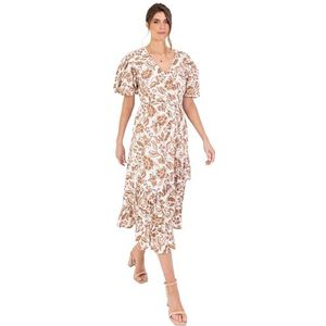 Lovedrobe Midaxi-jurk voor dames met V-hals, korte mouwen, gelaagde ruches, bloemenprint, elastische tailleband, A-lijn, casual, Bruin, 40