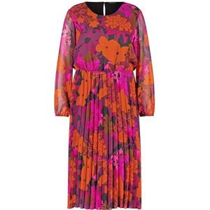 Samoon Chiffonjurk voor dames, met geplooid rokdeel, lange mouwen, elastische mouwzoom, bloemenkuitlengte, Amazing Pink patroon, 48 Grote maten