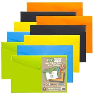 eco-eco A4+ 50% gerecycleerd diverse kleuren Press Stud Popper portemonnee, plastic mappen (Pack van 10), groen, zwart, blauw, geel, oranje, eco035x2